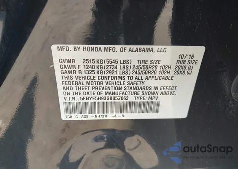 2016 Honda Pilot Touring z USA, uszkodzony, nr VIN 5FNYF5H93GB057063